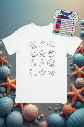 Biały t-shirt do kolorowania z nadrukiem muszli